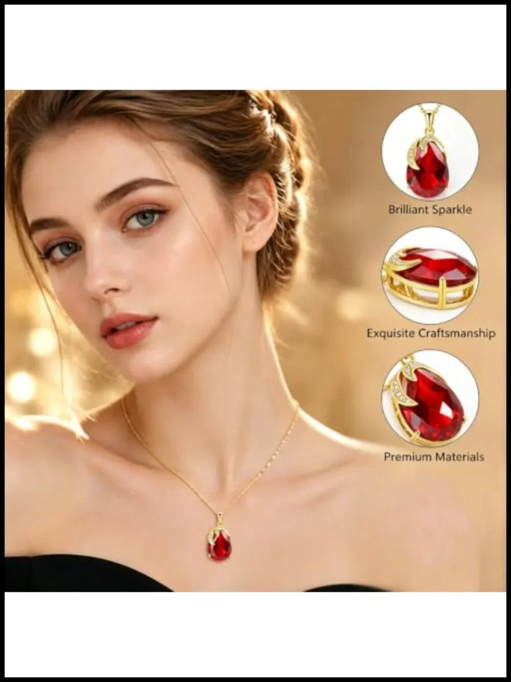 Oval Gemstone Pendant Necklace Ruby Emerald Sapphire Teardrop 18K Gold Plated